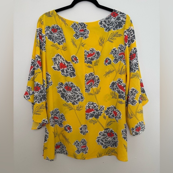 Banana Republic Women's Floral Blouse Size Large 3/4 Sleeves Yellow Grey Red - Picture 7 of 8
